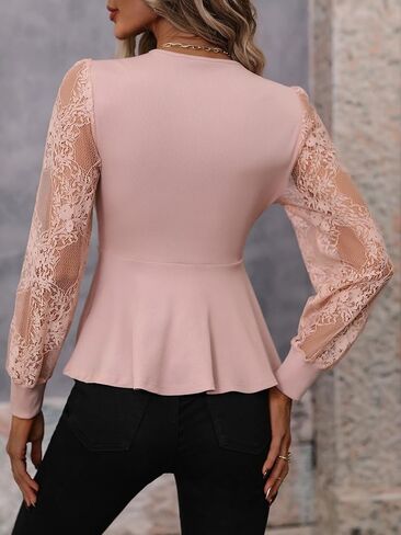 بلوزة SweatyRocks نسائية من الدانتيل بأكمام طويلة ورقبة على شكل حرف V وحاشية مضيئة من Peplum in Kuwait