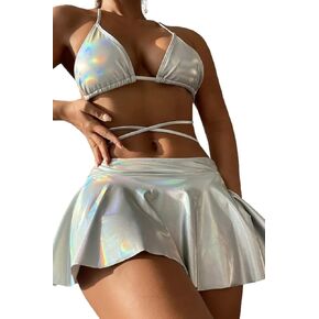 Rave Outfits for Women - Party Club Music Festival Metallic Bikini Sexy Halter Bathing Suit Holographic Beach Skirt
