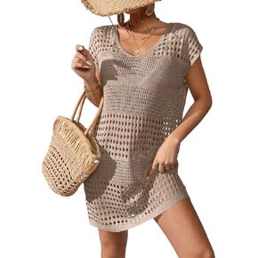 Milumia Women's Swimsuit Short Sleeve Crochet Cover Up Dress Hollow Out Knit Beach Dress