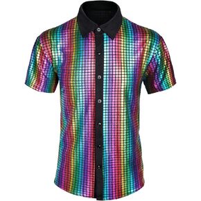 CARUHIF Men's 70s Disco Shirt Sequin Short Sleeve Button Shirt Shiny Party Prom Costume