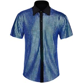 CARUHIF Men's 70s Disco Shirt Sequin Short Sleeve Button Shirt Shiny Party Prom Costume
