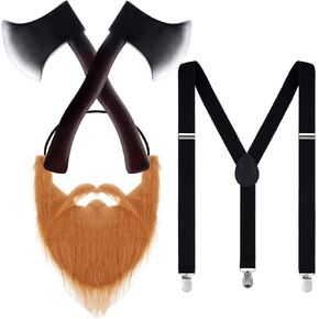 4 Pieces Lumberjack Costume Set Included 2 Pieces Halloween Foam Axe Fake Beard Suspender for Halloween Costume Party in Saudi Arabia