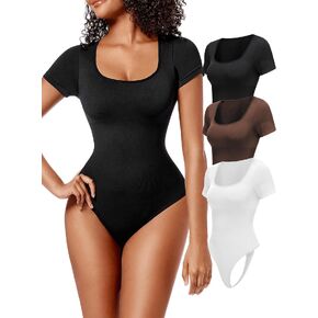 طقم مكون من 3 قطع من ملابس الجسم للنساء من تشارميا - بدلات الجسم للتحكم في البطن وأكمام قصيرة ورقبة مربعة مضلعة in Kuwait