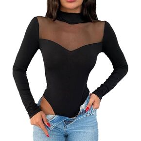 Ysabeloom Women's Sheer Mesh Long Sleeve Bodysuit Tops See Through Jumpsuit Leotard Clubwear in Kuwait