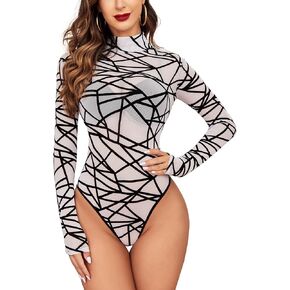 Avidlove Long Sleeve Bodysuit for Women Turtleneck Sheer Mesh Bodysuit Geo Print Leotards in Saudi Arabia