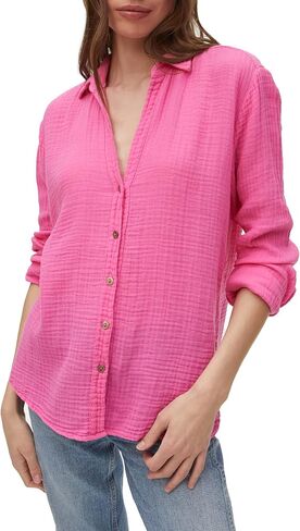 Michael Stars Womens Leo Gauze Long Sleeve Button Down Shirt, Collared Blouse in Saudi Arabia