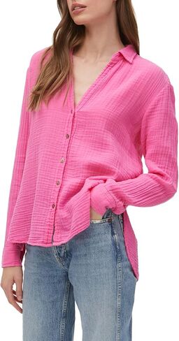 Michael Stars Womens Leo Gauze Long Sleeve Button Down Shirt, Collared Blouse in Saudi Arabia