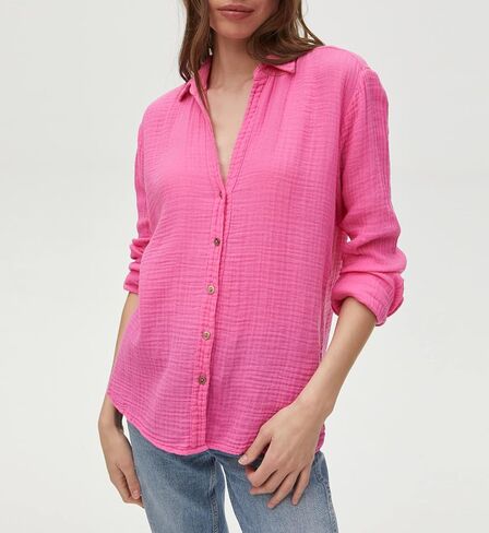Michael Stars Womens Leo Gauze Long Sleeve Button Down Shirt, Collared Blouse in Saudi Arabia