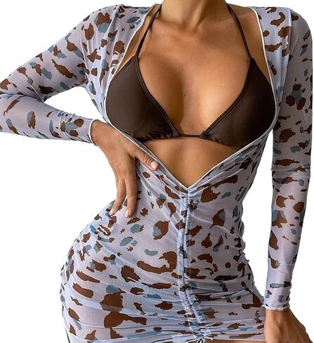 Nhicdns ملابس سباحة نسائية مكونة من 3 قطع مطبوع عليها زهور مثيرة مثلثة هالتر بيكيني مجموعة ملابس سباحة لتغطية الفستان in Kuwait