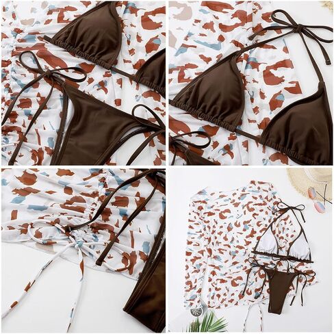 Nhicdns ملابس سباحة نسائية مكونة من 3 قطع مطبوع عليها زهور مثيرة مثلثة هالتر بيكيني مجموعة ملابس سباحة لتغطية الفستان in Kuwait