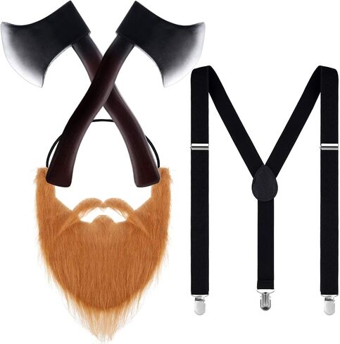 4 Pieces Lumberjack Costume Set Included 2 Pieces Halloween Foam Axe Fake Beard Suspender for Halloween Costume Party in Saudi Arabia