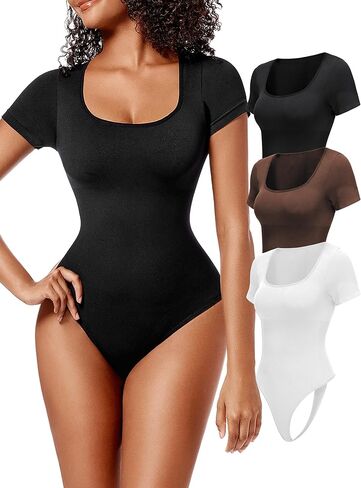 طقم مكون من 3 قطع من ملابس الجسم للنساء من تشارميا - بدلات الجسم للتحكم في البطن وأكمام قصيرة ورقبة مربعة مضلعة in Kuwait