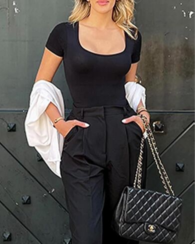 طقم مكون من 3 قطع من ملابس الجسم للنساء من تشارميا - بدلات الجسم للتحكم في البطن وأكمام قصيرة ورقبة مربعة مضلعة in Kuwait