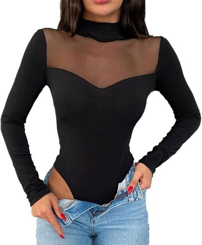 Ysabeloom Women's Sheer Mesh Long Sleeve Bodysuit Tops See Through Jumpsuit Leotard Clubwear in Kuwait