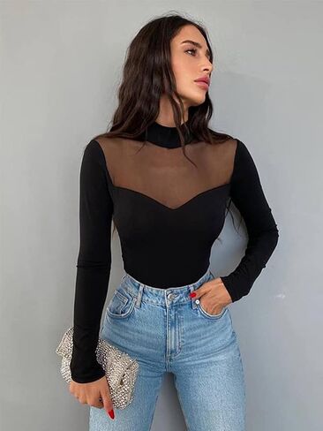 Ysabeloom Women's Sheer Mesh Long Sleeve Bodysuit Tops See Through Jumpsuit Leotard Clubwear in Kuwait