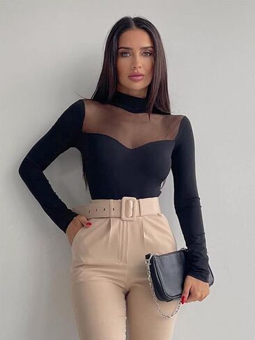 Ysabeloom Women's Sheer Mesh Long Sleeve Bodysuit Tops See Through Jumpsuit Leotard Clubwear in Kuwait