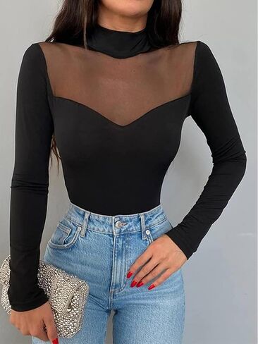 Ysabeloom Women's Sheer Mesh Long Sleeve Bodysuit Tops See Through Jumpsuit Leotard Clubwear in Kuwait