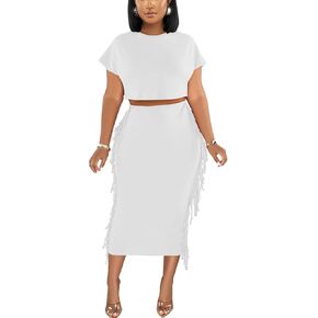 acelyn Sexy Summer Two Piece Outfits for Women Bodycon Club Dresses Tassel Ruched Crop Tops Cocktail Party Midi Skirt Set
