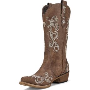 أحذية Rollda النسائية لرعاة البقر بمقدمة قصيرة وأحذية راعية البقر مطرزة لمنتصف الساق أحذية غربية للسيدات مع عروات سحب لأعلى in Kuwait