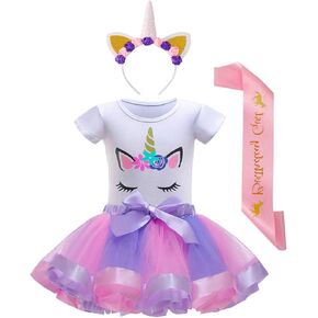 Nuolich Little Girls Unicorn Birthday Party Outfit, Unicorn Tutu Dress, Headband, Shirt & Satin Sash