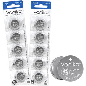 بطارية Voniko 3 فولت CR2025 10 عبوات - بطارية خلية زر CR 2025 - بطاريات ليثيوم 2025، عمر افتراضي 7 سنوات in Kuwait