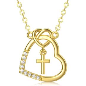 SISGEM 14K Real Gold Heart Necklace for Women,God in My Heart Faith Hope Love,Yellow/White Gold Cross Heart Pendant Necklace with Cubic Zirconia,Anniversary Birthday Gifts for Girlfriend Wife 16''+2''