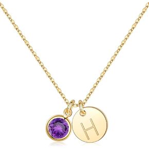 Hidepoo Initial Birthstone Necklace for Girls Women - 14K Gold Plated Disc Initial Necklace Birthstone Necklace Personalized Initial Birthstone Pendant Necklace Birthday Gifts for Women Girls Jewelry