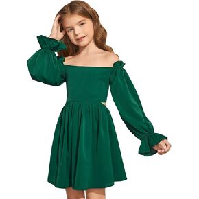 WDIRARA Girl's Cut Out Off Shoulder Shirred Flounce Sleeve Ruffle Hema A Line Mini Dress
