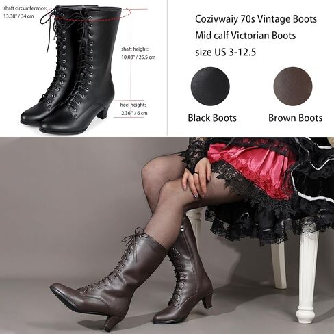 Cozivwaiy Women Vintage Victorian Boots Ankle for Medieval Ren Pirate Costume 70s Lace up Boots 2.36 Inches Mid Heel Witch Granny Booties Zipper Almond Toe in Saudi Arabia