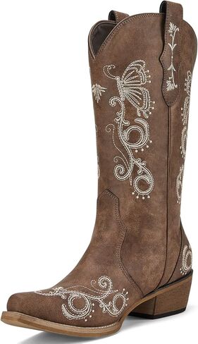 أحذية Rollda النسائية لرعاة البقر بمقدمة قصيرة وأحذية راعية البقر مطرزة لمنتصف الساق أحذية غربية للسيدات مع عروات سحب لأعلى in Kuwait