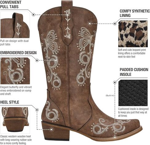 أحذية Rollda النسائية لرعاة البقر بمقدمة قصيرة وأحذية راعية البقر مطرزة لمنتصف الساق أحذية غربية للسيدات مع عروات سحب لأعلى in Kuwait