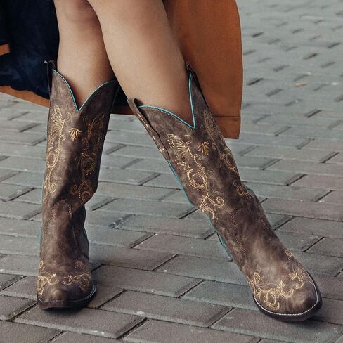 أحذية Rollda النسائية لرعاة البقر بمقدمة قصيرة وأحذية راعية البقر مطرزة لمنتصف الساق أحذية غربية للسيدات مع عروات سحب لأعلى in Kuwait