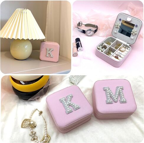 حقيبة مجوهرات للسفر من EverGlimp للنساء | صندوق مجوهرات برقعات الحروف الأولية من اللؤلؤ | منظم صندوق مجوهرات صغير للسفر مع مرآة | هدايا فتاة في سن المراهقة الاشياء العصرية in Kuwait