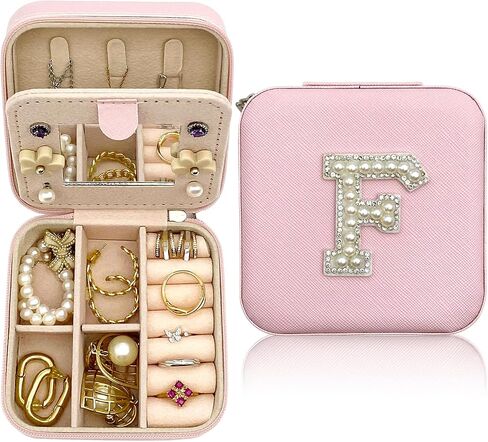 حقيبة مجوهرات للسفر من EverGlimp للنساء | صندوق مجوهرات برقعات الحروف الأولية من اللؤلؤ | منظم صندوق مجوهرات صغير للسفر مع مرآة | هدايا فتاة في سن المراهقة الاشياء العصرية in Kuwait