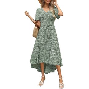 Ellakoko Women Summer Casual High Low Dress Short Sleeve V Neck Tie Waist Flowy Ruffle Floral Maxi Dress with Pockets
