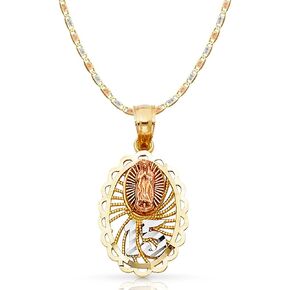 Ioka 14K Tri Color Gold Sweet 15 Years Quinceanera Virgin Mary Round Charm Pendant with 2.1mm Valentino Chain Necklace in Kuwait
