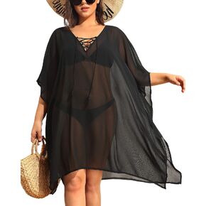 Pinup Fashion Plus Size Swimsuit Cover Up Women See Through Kaftan Dress Sheer Lace-Up Swimwear Coverups
