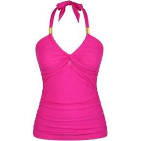 Hilor Women's Retro Halter Tankini Swimsuit Top Front Twist Swimwear Top Ruched Tummy Control Bathing Suit Tops