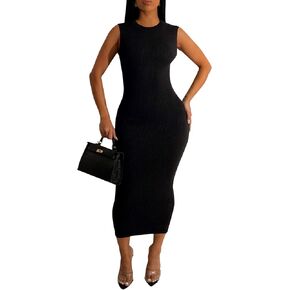 Women's Basic Round Neck Sleeveless Ribbed Bodycon Maxi Dress Casual Summer Tank Top Long Dresses