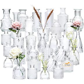 Brajttt Glass Bud Vase Set of 32 pcs,Vase for Flowers,Small Vases for Centerpieces,Clear Vases in Bulk, Vintage Glass Bottles for Rustic Wedding Home Table Decorations …