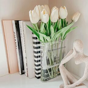 Bookend Vase for Flowers - Cute Bookshelf Decor; Unique Vase for Book Lovers, Artistic and Cultural Flavor Acrylic Vases for Home Office Decor, A Book About Flowers (Clear - B)