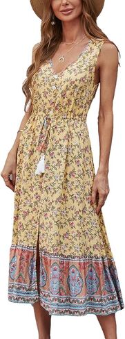 BROVAVE Women Summer Bohemian Floral Print V Neck Sleeveless Sundress Flowy Casual Midi Dress in Kuwait