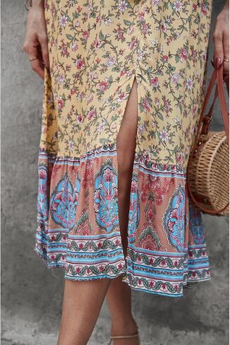 BROVAVE Women Summer Bohemian Floral Print V Neck Sleeveless Sundress Flowy Casual Midi Dress in Kuwait