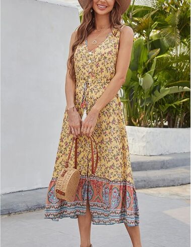 BROVAVE Women Summer Bohemian Floral Print V Neck Sleeveless Sundress Flowy Casual Midi Dress in Kuwait