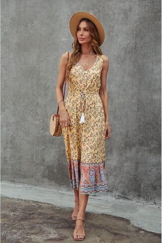 BROVAVE Women Summer Bohemian Floral Print V Neck Sleeveless Sundress Flowy Casual Midi Dress in Kuwait