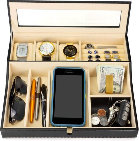 HOUNDSBAY Navigator Large Dresser Valet Tray & Mens Jewelry Box Organizer - Watch Box Organizer for Men with Angled Charging Station (Grey) in Saudi Arabia