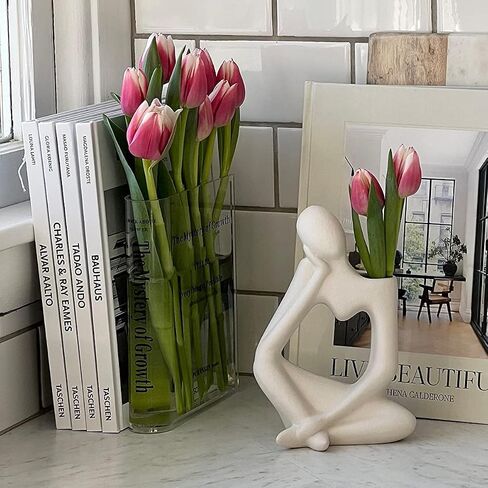 Bookend Vase for Flowers - Cute Bookshelf Decor; Unique Vase for Book Lovers, Artistic and Cultural Flavor Acrylic Vases for Home Office Decor, A Book About Flowers (Clear - B) in Kuwait