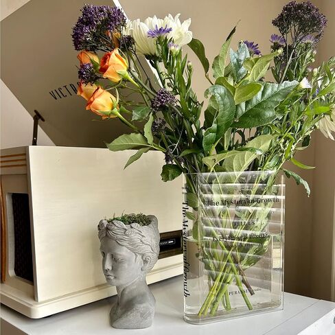 Bookend Vase for Flowers - Cute Bookshelf Decor; Unique Vase for Book Lovers, Artistic and Cultural Flavor Acrylic Vases for Home Office Decor, A Book About Flowers (Clear - B) in Kuwait