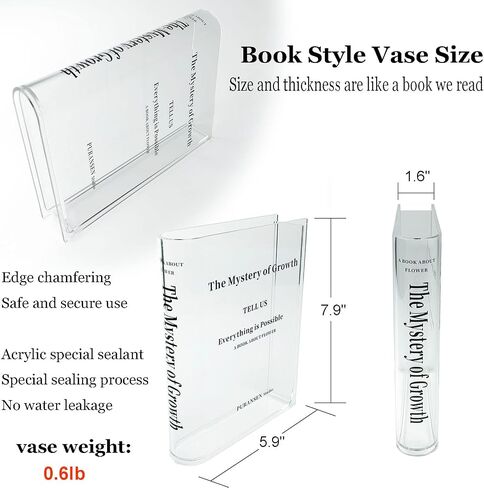Bookend Vase for Flowers - Cute Bookshelf Decor; Unique Vase for Book Lovers, Artistic and Cultural Flavor Acrylic Vases for Home Office Decor, A Book About Flowers (Clear - B) in Kuwait