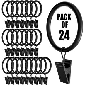 24 Pack Black Curtain Rings with Clips, Curtain Hooks for Hanging, Heavy Duty Drapery Rings, Polish Rustproof Curtain Clips Hangers for Drapes, 1.26" Interior Diameter, Fits up to 1" Rods